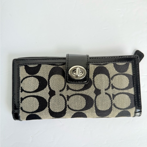 Coach Signature Canvas Turnlock Trifold Wallet – Black Leather Trim - Picture 1 of 4